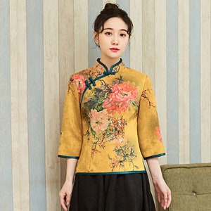 Yellow Cheongsam Top Modern Qipao Shirt Boho Blouse