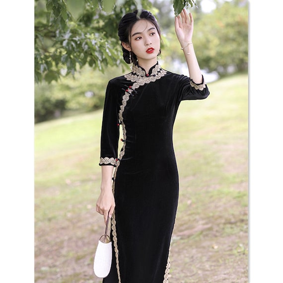 long black cheongsam dress
