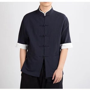 Men's Cheongsam Shirt Linen Cotton Short Sleeve Cheongsam Top Frog Button / Mandarin Collar