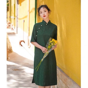 Rayon and cotton Cheongsam Dress / Green Chinese Qipao Dress/ Loose Dress / Oversize Qipao