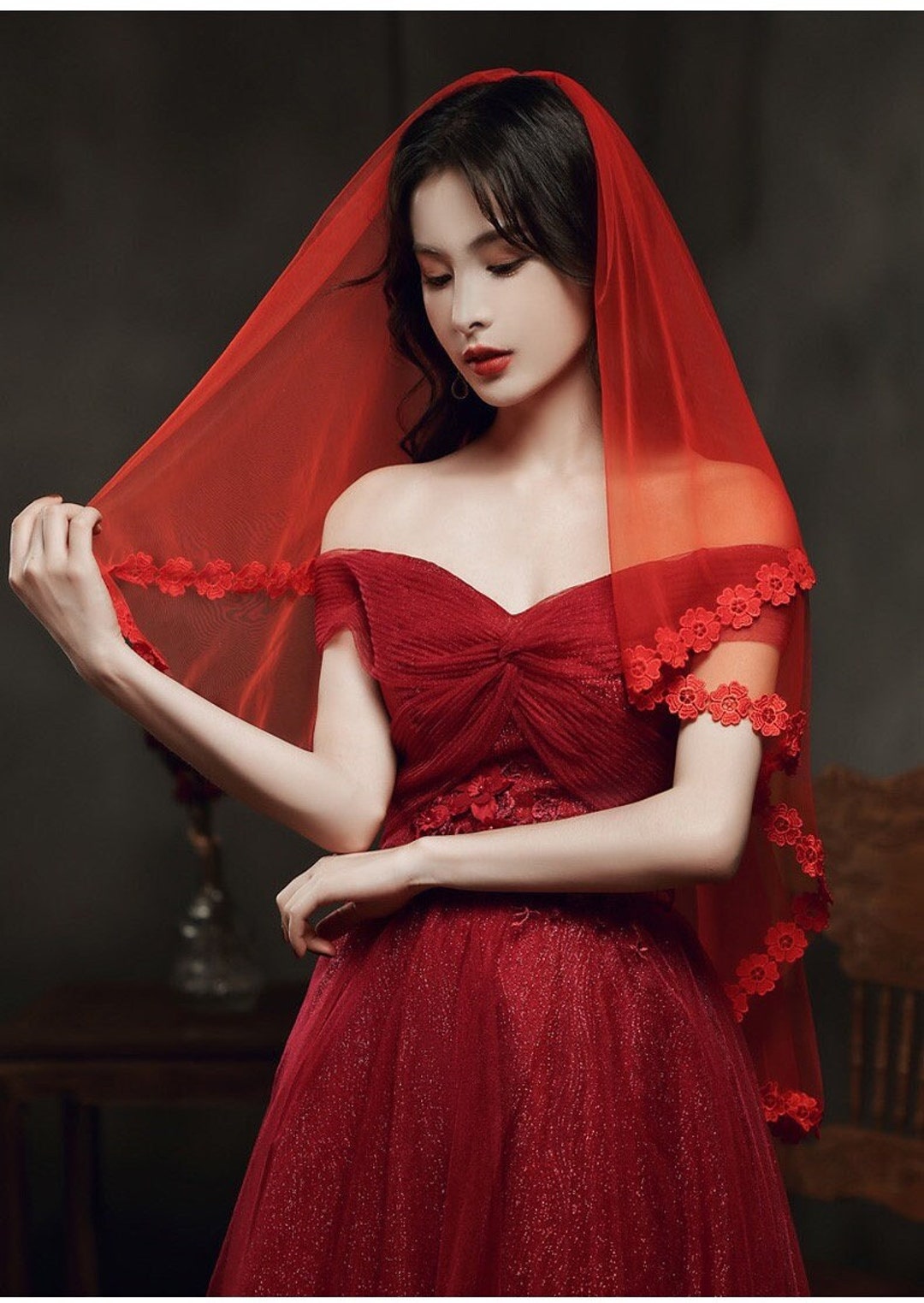 Red Veil Bridal Veil Red Wedding Veil Etsy