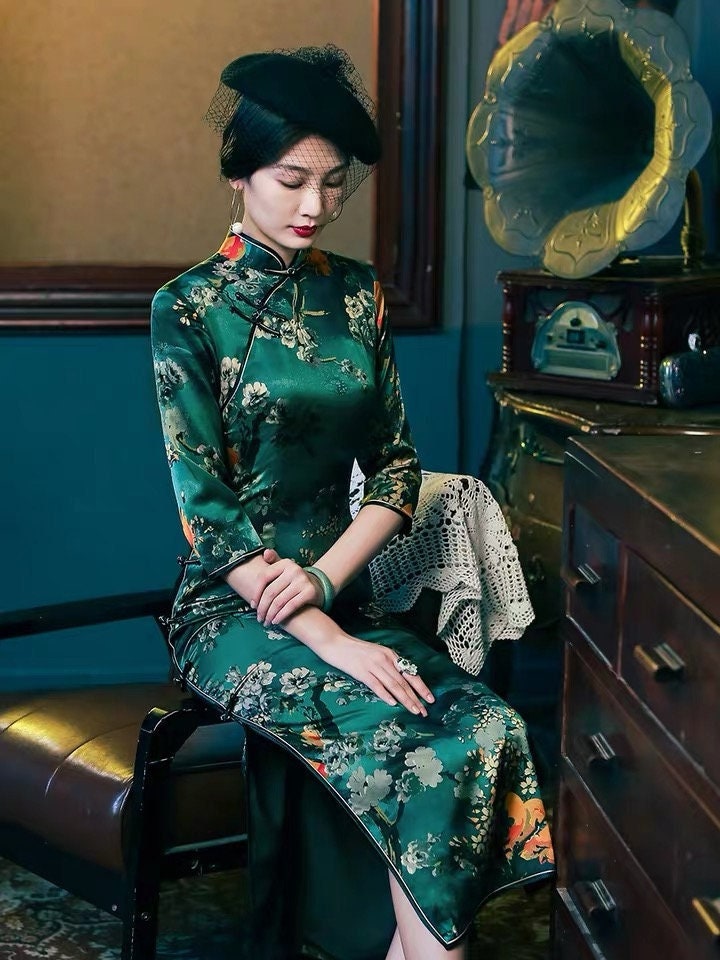 Green Qipao Dress Silk Retro Cheongsam Chinese Traditional | Etsy UK