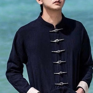 Men's Chinese Linen Jacket / Frog Button / Lined / Mandarin Collar / Navy Blue / S,M,L,XL,XXL