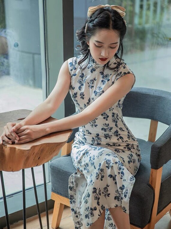 Cotton Qipao Dress Chinese Modern Cheongsam Floral - Etsy Singapore