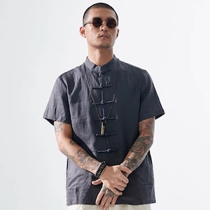 100% Linen Short Sleeve Shirt Chinese Cheongsam Shirt Men's Chinese Style Shirt