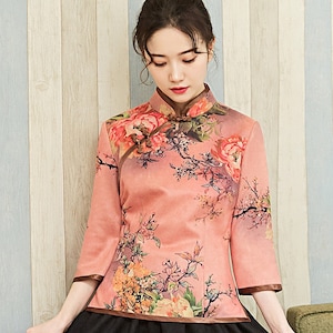 Pink Cheongsam Blouse Qipao Top Shirt Chinese Blouse