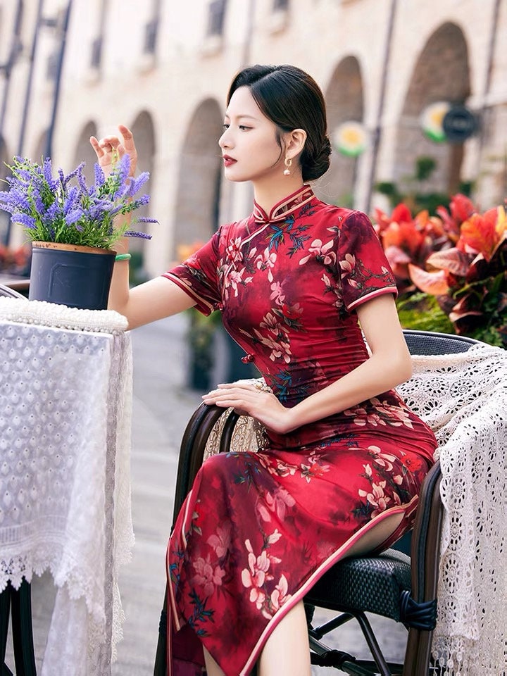 Vintage Floral Qipao Dress Chinese Tea Ceremony Dress Boho Party Dress  Chinese Cheongsam Plus Size 