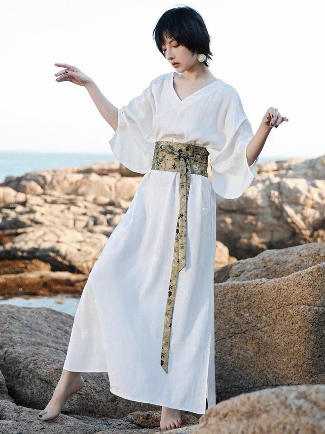 Black and top white kimono dress