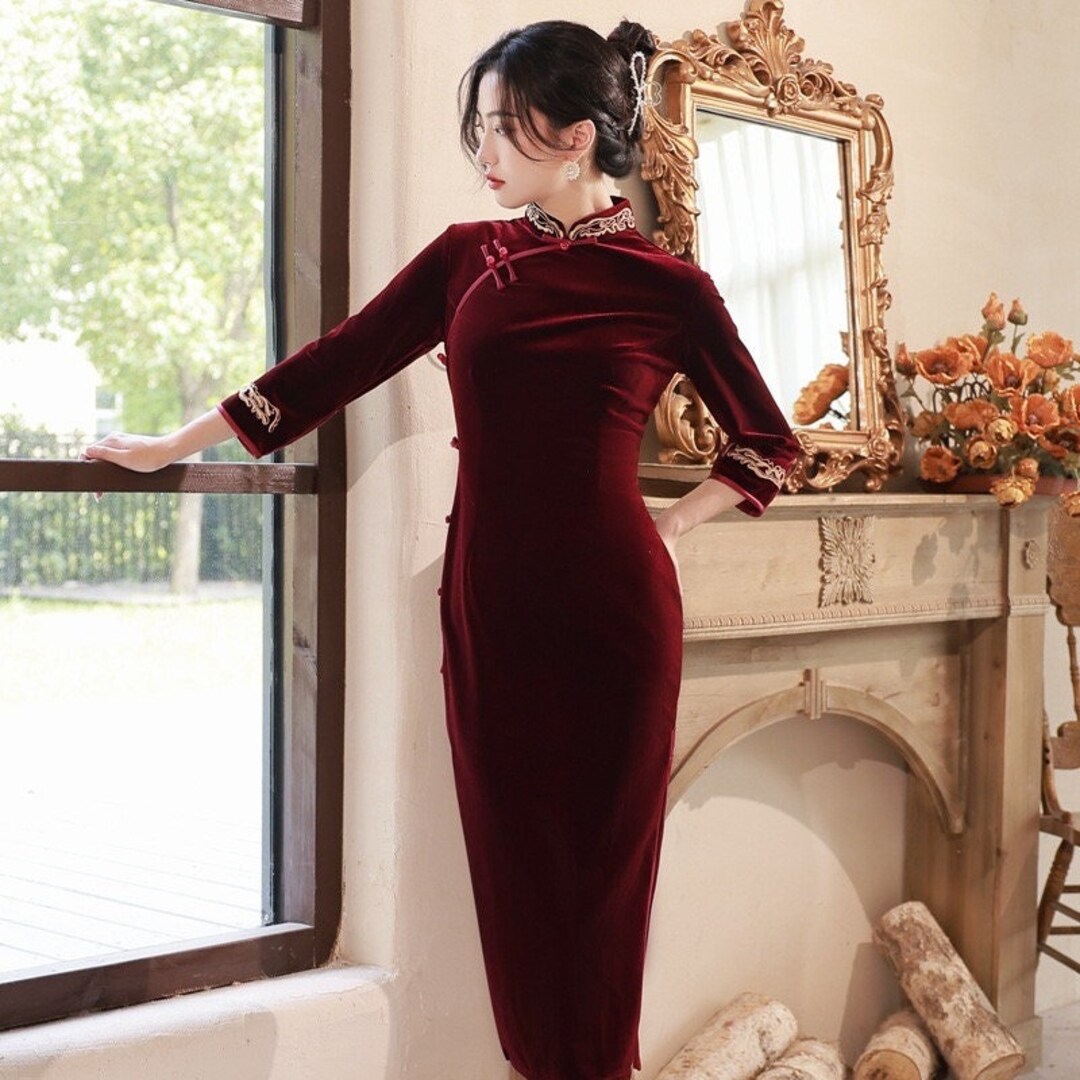 Velvet Chinese Qipao Dress Traditional Chinese Cheongsam Long - Etsy