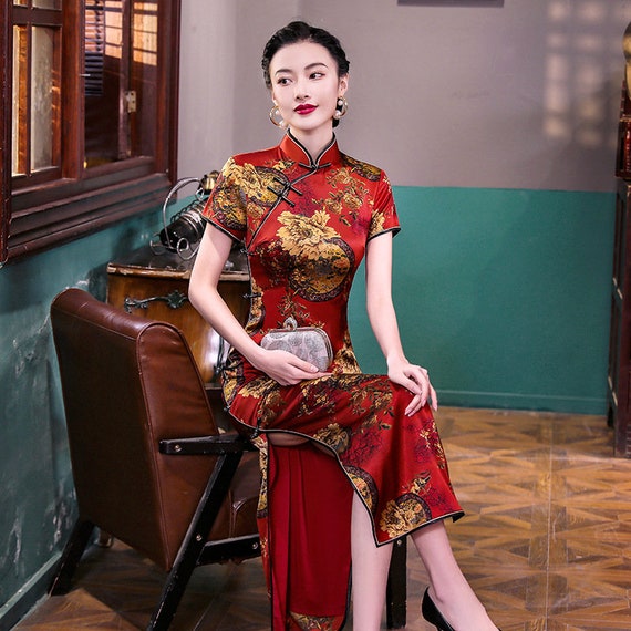 Vintage Silk Qipao Dress, Traditional Chinese Cheongsam Dress, Tea ...