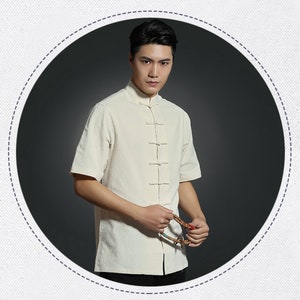 Men's Chinese Linen Shirt/ Short sleeved shirt/ Kungfu/ China style/ Bule/ Black/Beige/White/ Frog Button/ Mandarin Collar