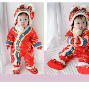 Winter Romper Chinese Baby 100 days Red Clothes Tiger Hat Newborn Hooded Romper