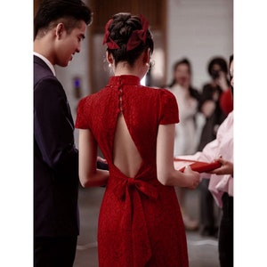 Customized Available Wine Red Wedding Cheongsam Chinese Qipao Dress Wine Red Tea Ceremony Dress Modern Cheongsam Dress