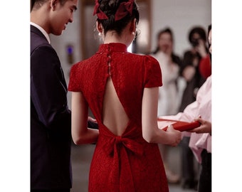 Customized Available Wine Red Wedding Cheongsam Chinese Qipao Dress Wine Red Tea Ceremony Dress Modern Cheongsam Dress