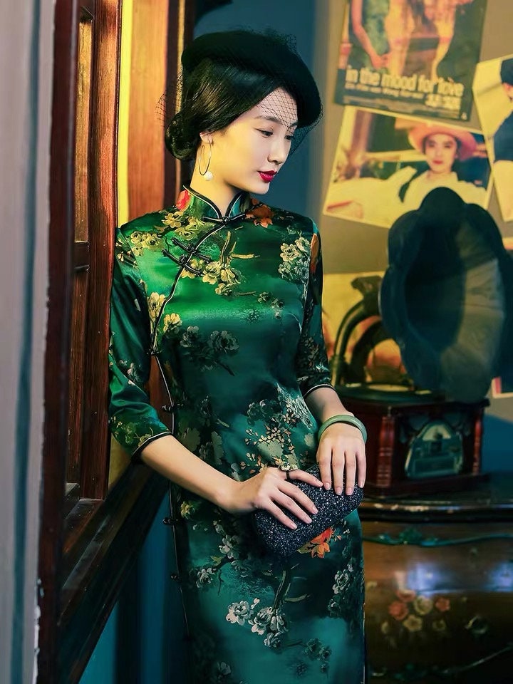 Green Qipao Dress Silk Retro Cheongsam Chinese Traditional - Etsy UK