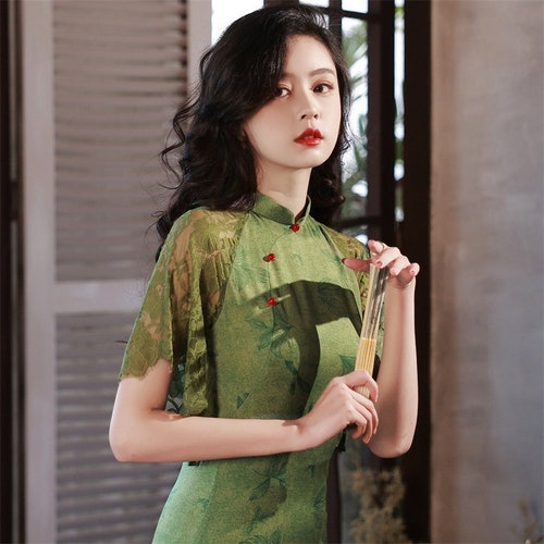 Modern Green Qipao Chinese Cheongsam Dress Mid-Calf Traditional Qipao