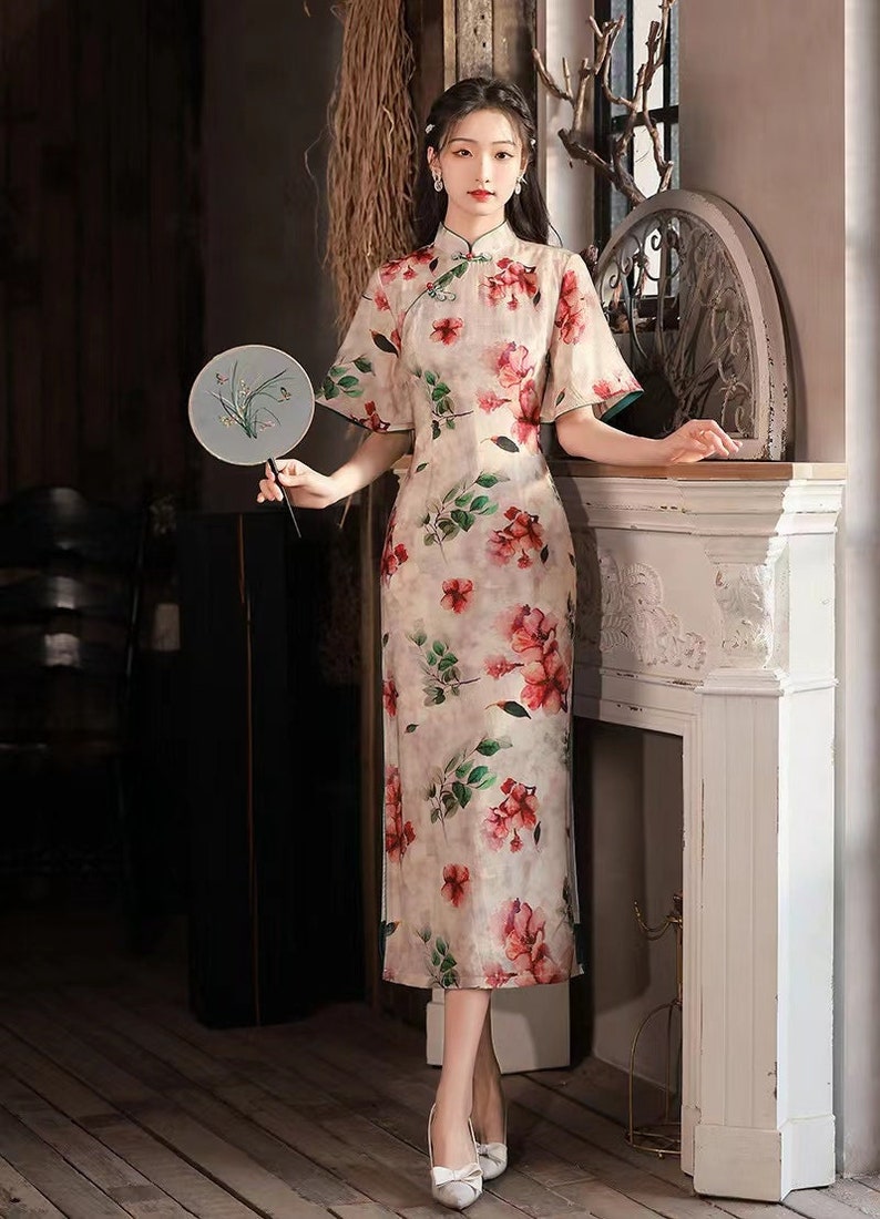 Summer Cheongsam Dress Chinese Qipao Oil Painting Pattern image 1