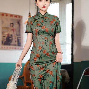 Vintage Qipao/ Chinese Cheongsam Dress/ Green Floral Dress - Etsy