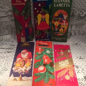 6 Vintage German Tinsel Collectors Sample Packet~Heavy Metal Tinsel~Orion Eis-Lametta Tinsel~GOLD,RED and  SILVER~Sample Packet~