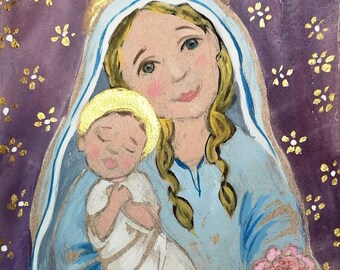 Single Christmas card - 'Madonna, Child, Peony'