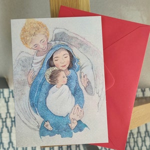 Carte de Noël à paillettes écologiques - « Comme ils sont beaux les pieds de celui qui annonce la bonne nouvelle ! (Vierge, Enfant, Ange)