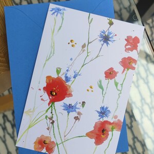 Pacote de cartões postais feitos à mão com envelopes: Papoilas e Centáureas. Seis cartas.