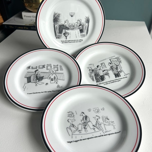 Vintage New Yorker Cartoon, Restoration Hardware Cheese Dessert Plates, Set of 4, c1990s