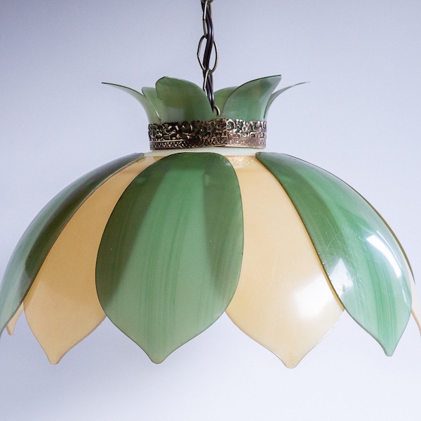 1960s Tulip Pendant Light, Lucite, Double Petal, Hanging Flower Lamp, MCM