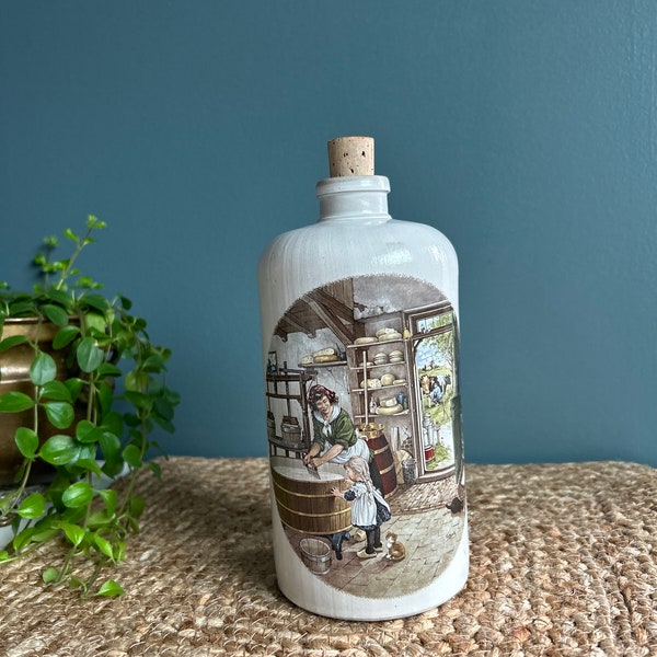 Antique Stoneware Bottle, MKM, Max Kruger, Dutch Scene, Vintage Signed Ceramic Bottle, 1950s