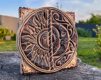 太陽と月の装飾、月の顔、木製の太陽の顔、木製の太陽と月の壁アート