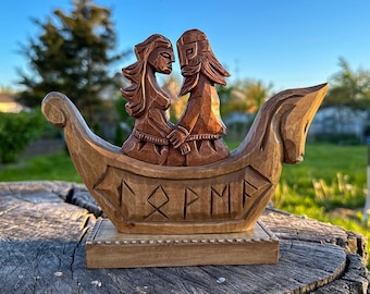 viking statue pagan figurine Northe viking boat pagan slavic pagan amulet wood carving wooden statue Odin and Frigg