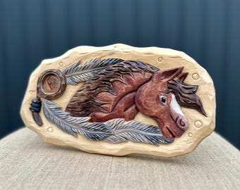 Hand Carved Horse Wall Art, Wooden Horse Sculpture, Rustic Western Decor, Native Inspired Carving, Wood Animal Art, Equestrian Gift