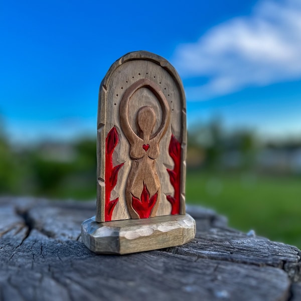 wiccan pagan wooden altar wooden goddess