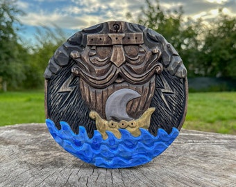 Viking Ship Odin norse God Wooden Mask Hand Carved wotan statue Wood Viking Blue Ocean Wall Art Wood Wall Decor Viking Gods Scandinavian God