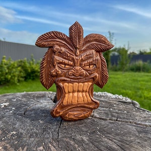 Hand Carved Wood Tiki Mask: Tribal Polynesian Guardian Wall Art