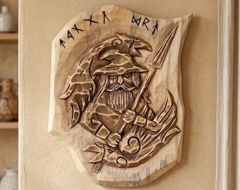 Hand Carved Viking Warrior with Raven, Norse Wood Carving, Nordic Mythology Wall Art, Odin Symbol, Scandinavian Wooden Relief, Viking Decor