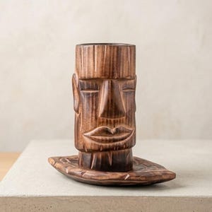 Hand Carved Wooden Moai Head: Easter Island Tiki Decor