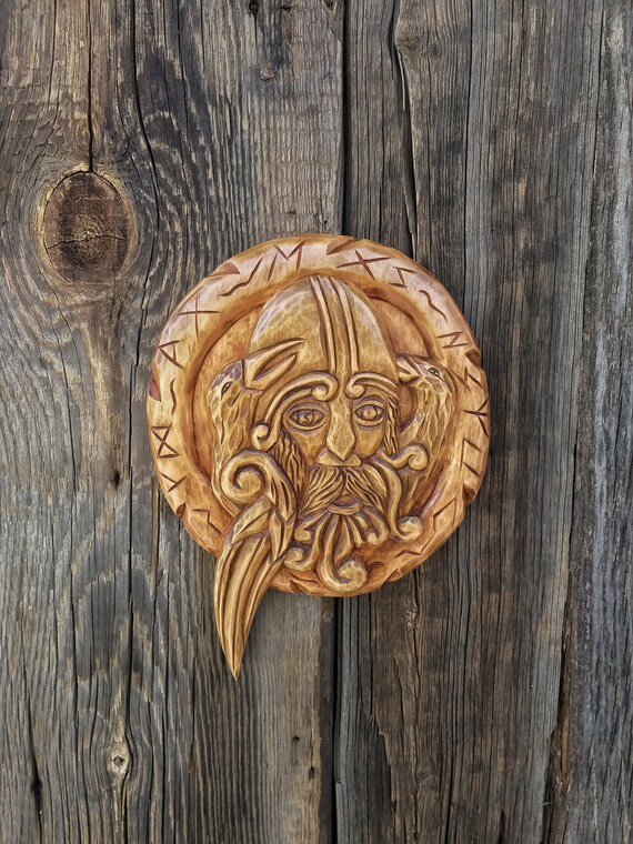 Odin Carving Wooden Wall Hanging Wood Viking Hand Carved Raven Norse Carvings Home Decor