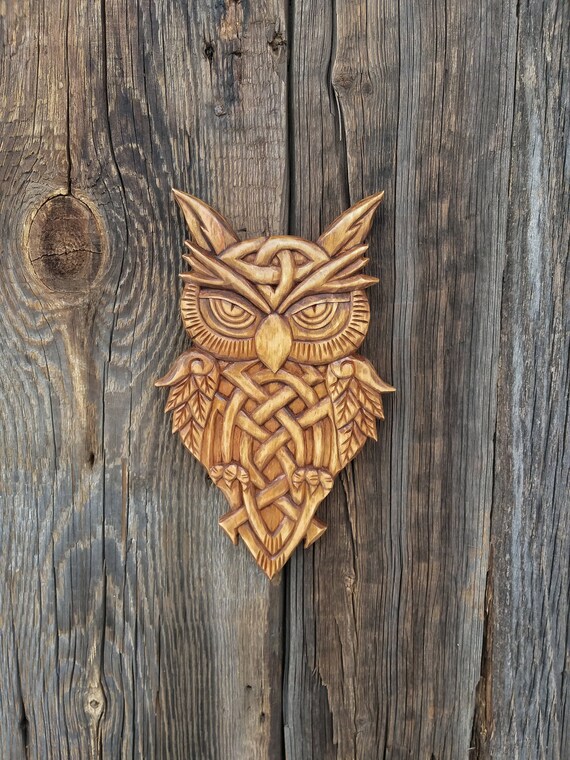 Wooden Owl Wood Carving Wall Decor Celtic Hand Carved Hanging Gift Animal