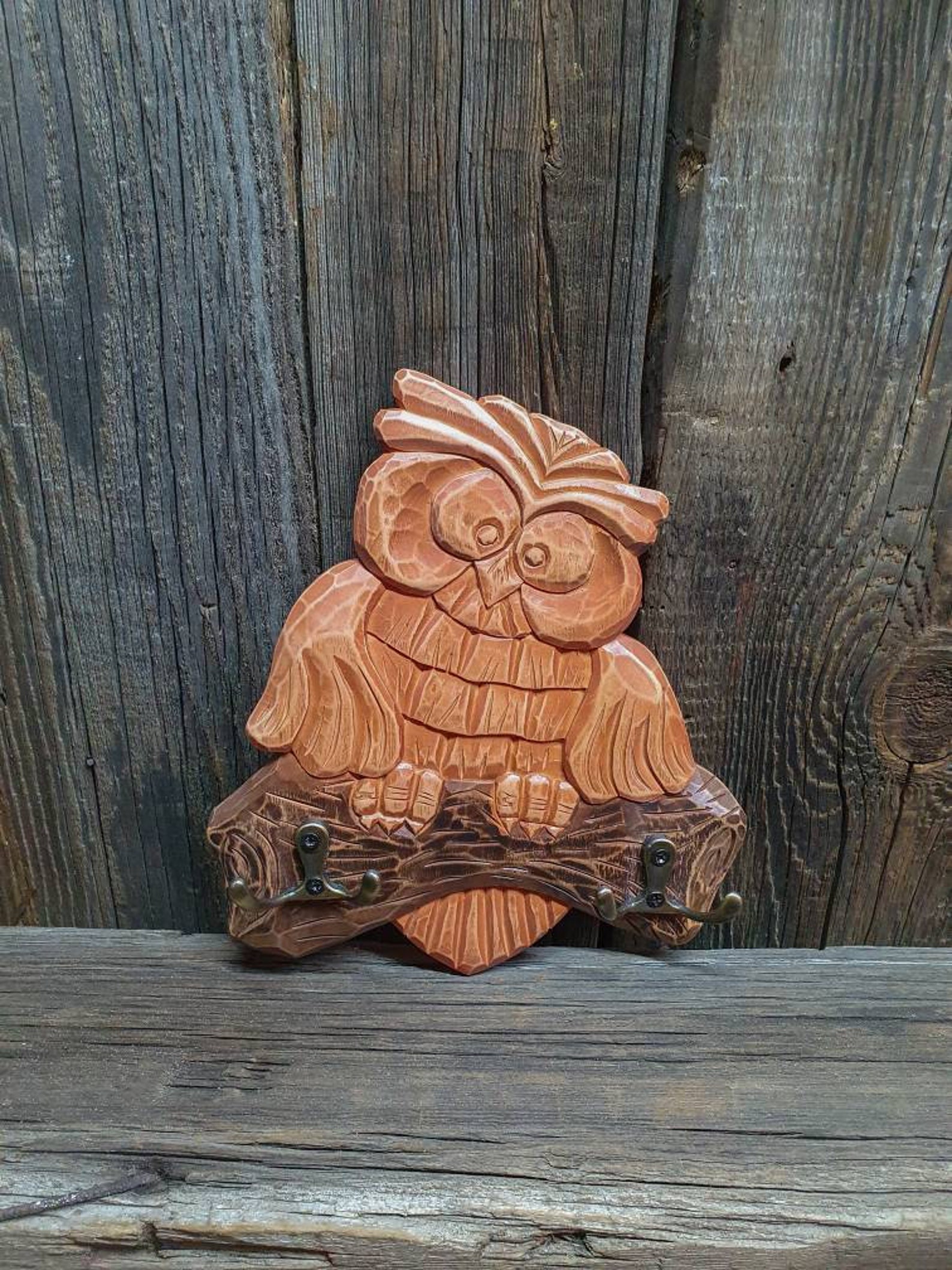 Key Holder With Owl on a Branch Wood Owl Wall Decor Owls Etsy