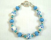 Blue porcelain bracelet, wooden bracelet, flower bracelet, white bracelet, floral bracelet