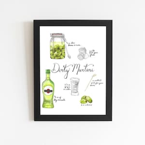 Vuile martini-ingrediënten | Cocktailkunst | Aquarelkunst | Kunst barwagen | Muurkunst
