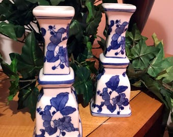 Blue and White Chinoiserie Candlestick Holders