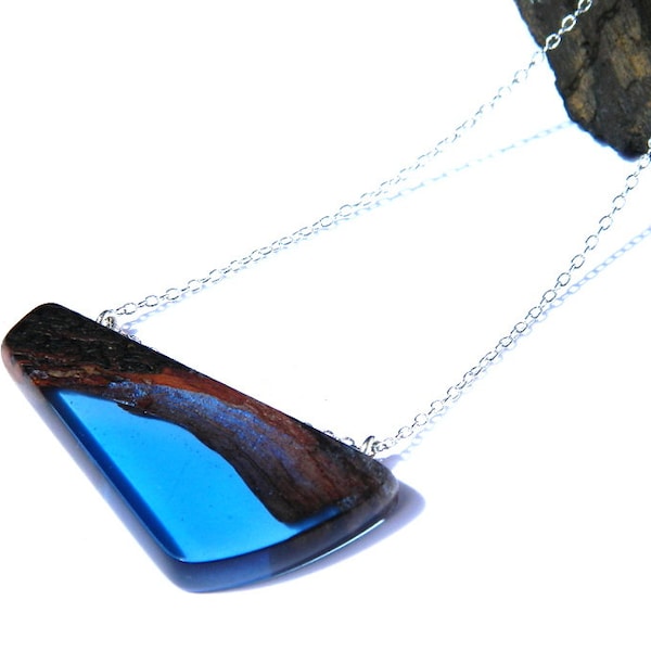Resin wood pendant, wood resin, resin jewelry, blue pendant, unique gift