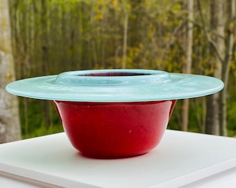 Hand Blown Glass: Red and Blue Rimmed Bowl