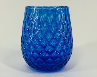 Hand Blown Glass: Blue Pineapple Stemless Wine Glass