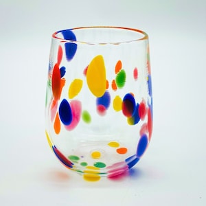 Hand Blown Glass: Rainbow Dots Stemless Wine Glass