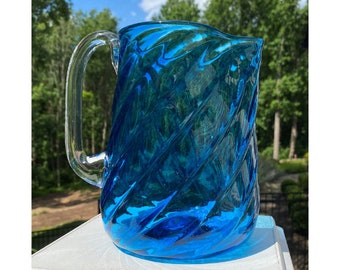 Hand Blown Glass: Blue Optic Twist Pitcher