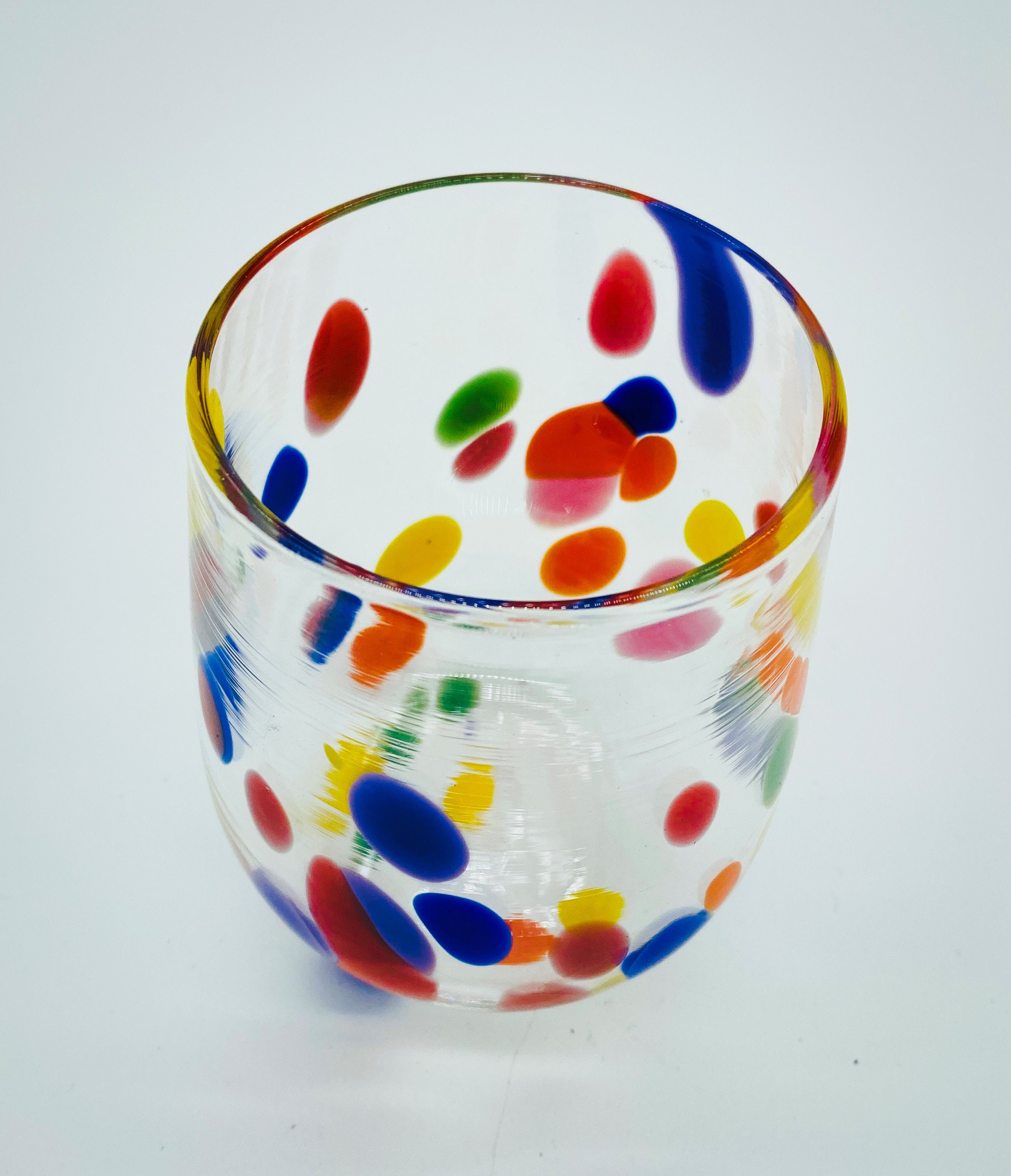 Hand Blown Glass Rainbow Dots Stemless Wine Glass Etsy