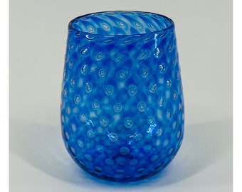 Hand Blown Glass: Blue Bubble Stemless Wine Glass